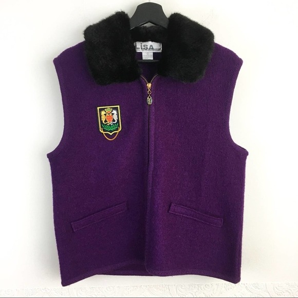 Vintage purple boiled wool vest faux fur collar women's Large crest patch - Picture 1 of 10